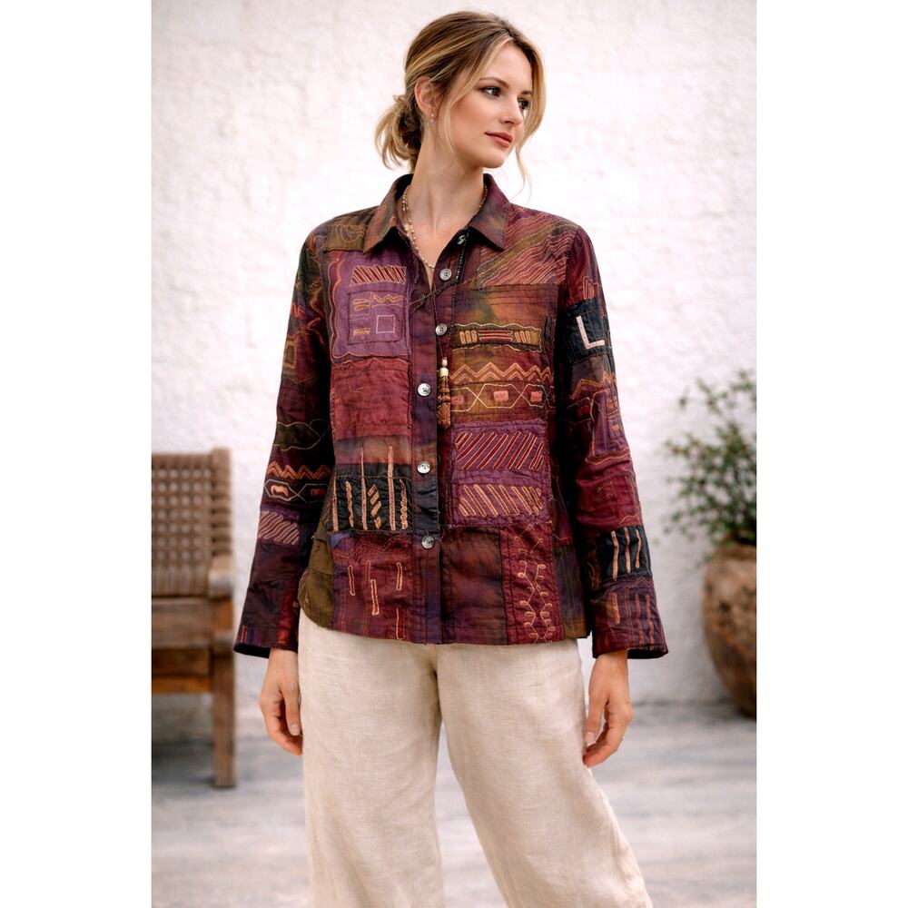 Chico’s Art-To-Wear Patchwork Silk Lined Boho Jacket Size 3 XL